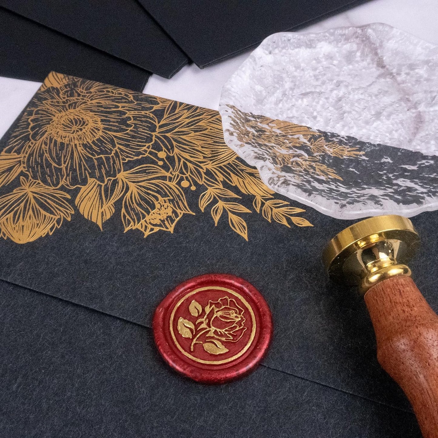 100Pcs Gold & Red Wax Seal Stickers - Handmade Envelope Seals, Self Adhesive Wax Stickers for Wedding Party Invitations, Envelope, Gift Wrap, Christmas (Gold Rose Style, Red)