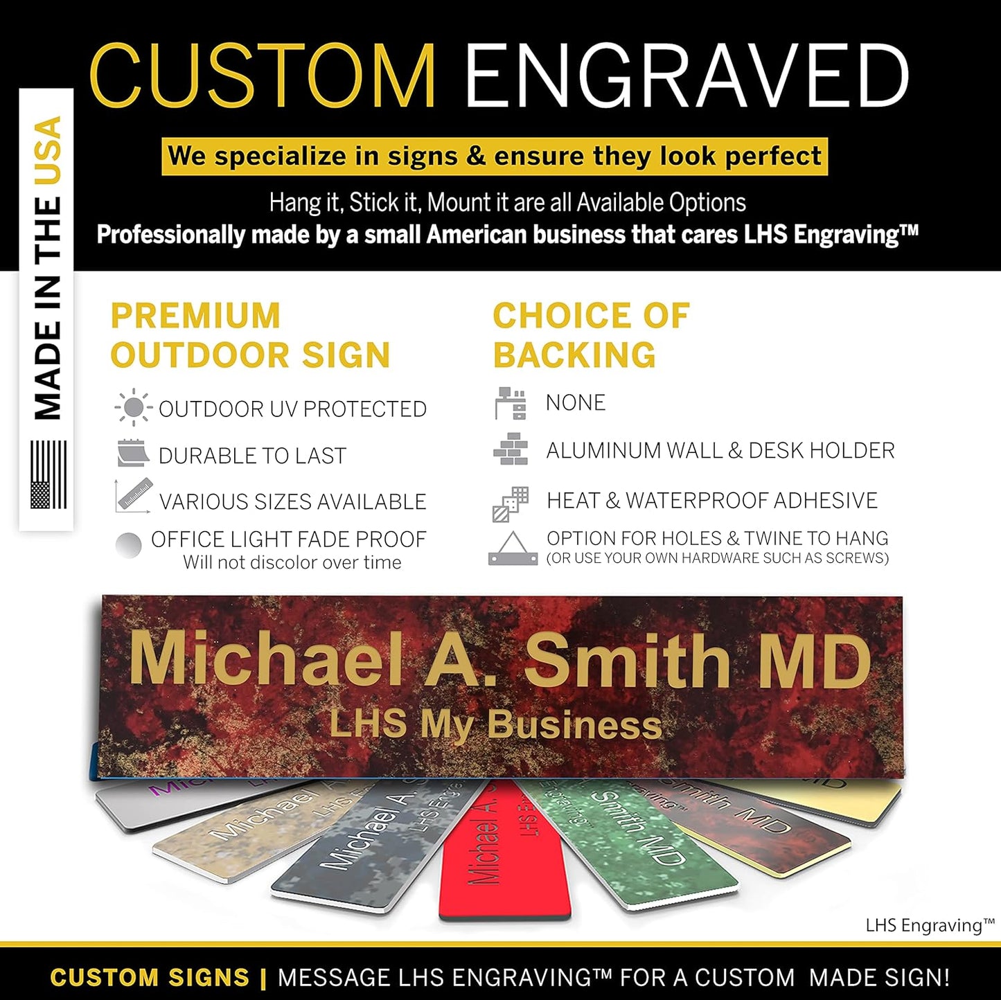 Engraved Name Plates for Door Sign Personalized Rustico Granite Pattern Plastic Plaque with Gold Letters - Made in USA 2x12 S7
