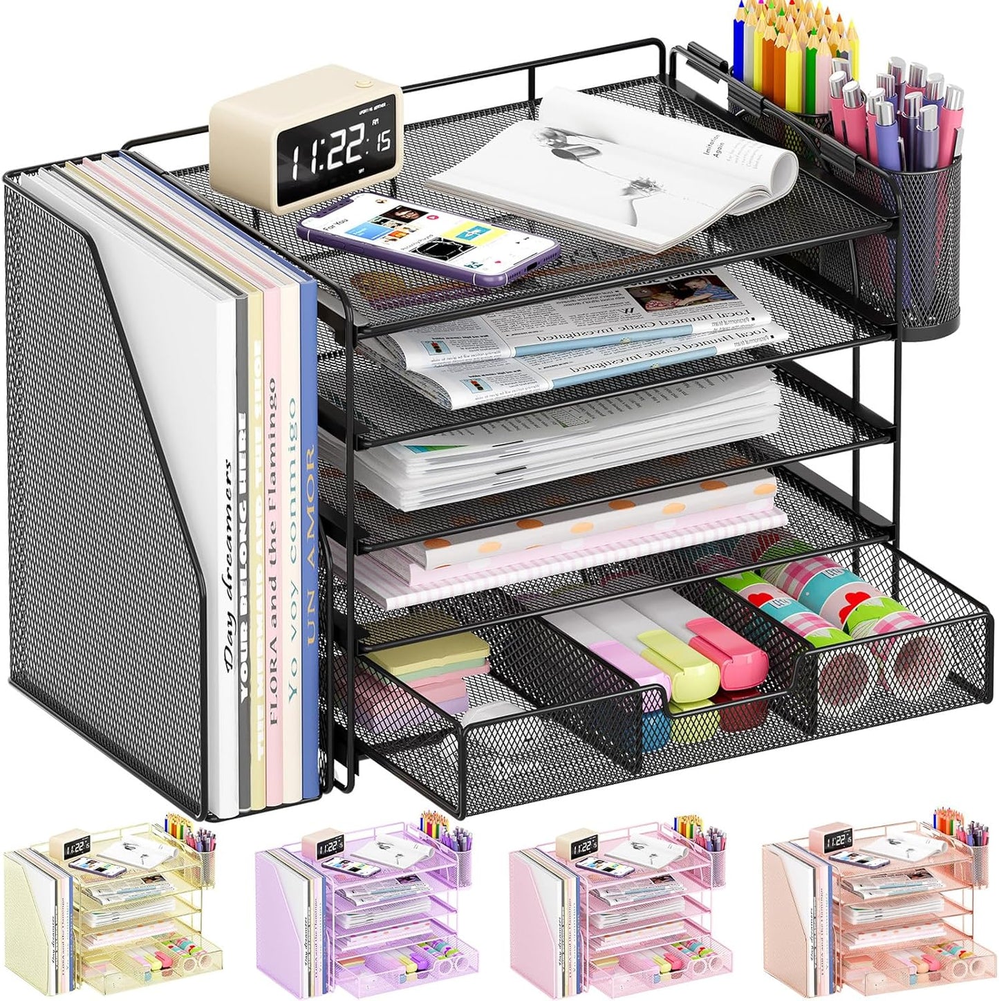 Desk Organizers and Accessories, 5-Tier Paper File Organizer with Drawer & Pen Holder, Office Desk Accessories Workspace Desktop Organizer for Office Supplies(Black)