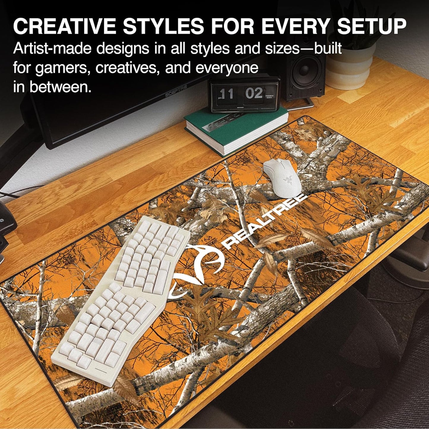 MPCO. Real Tree Large Gaming Desk Pad - 36" x 17" Duraglyde Fabric Edge Orange – with Logo Desk Mats - Non-Slip, Washable, Smooth Glide for Precision Gaming & Work