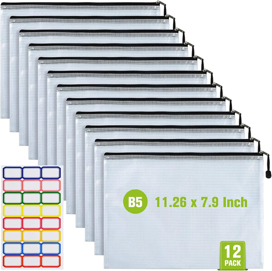 12 Pcs Plastic Mesh Zip File Bags, Waterproof Tear-Resistant Document File Folders, B5 Size Zipper Documents Pouch Document Organizer Bags for School Office Home Travel Storage(11.26×7.9 Inch)