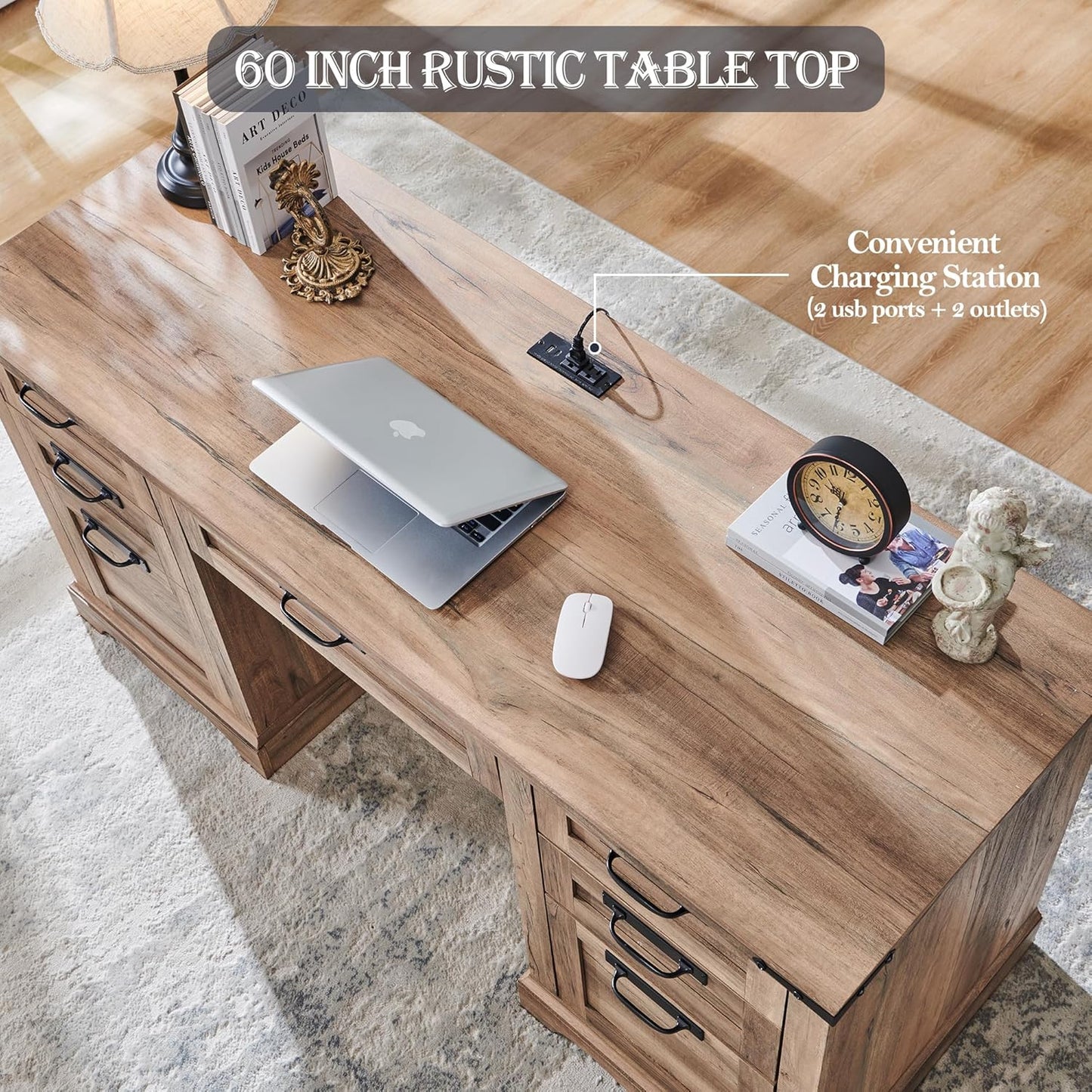 RedLemon 60" Farmhouse Executive Desk with Drawers, Wood Home Office Desk w/Charging Station, Keyboard Tray, File Drawer, Storage Cabinet, Rustic Computer Writing Desk (Natural Oak)