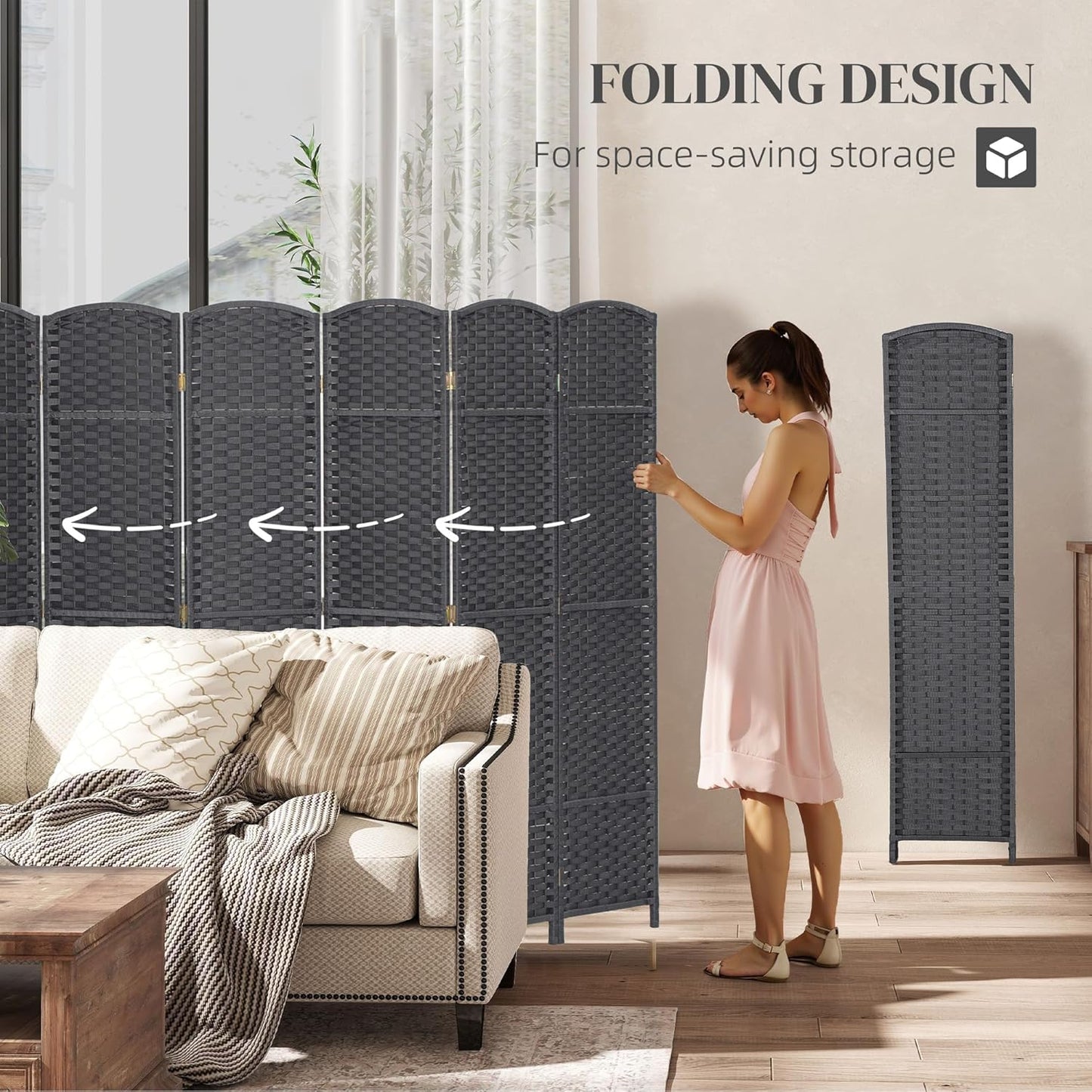 HOMCOM Room Divider, 8 Panel Folding Privacy Screen, 5.6' Tall Freestanding Partition for Home Office, Bedroom, Charcoal Gray