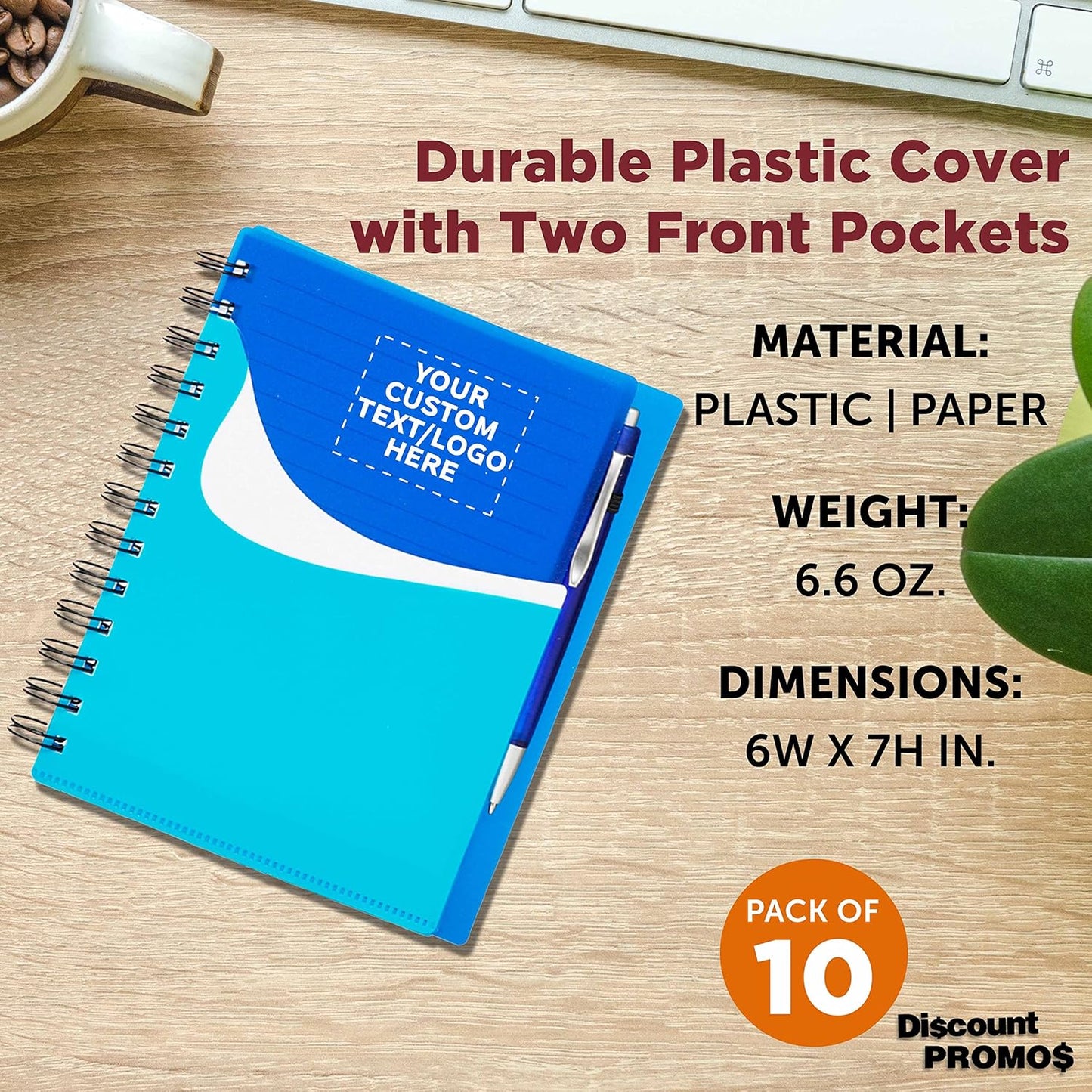 DISCOUNT PROMOS Custom Spiral Notebooks with Front Pocket Set of 10, Personalized Bulk Pack - Durable Plastic Cover, Includes Matching Pen in Blank Ink, Perfect for School, Office, Home - Blue