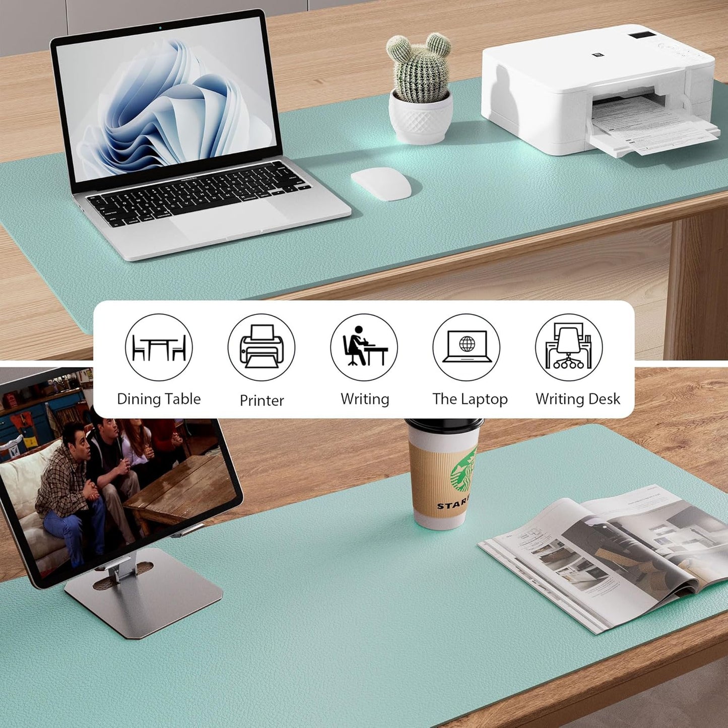 Aothia Leather Desk Pad Protector, Mouse Pad, Office Desk Mat, Non-Slip PU Leather Desk Blotter, Laptop Desk Pad, Waterproof Desk Writing Pad for Office and Home (23.6" x 13.7", Light Blue)