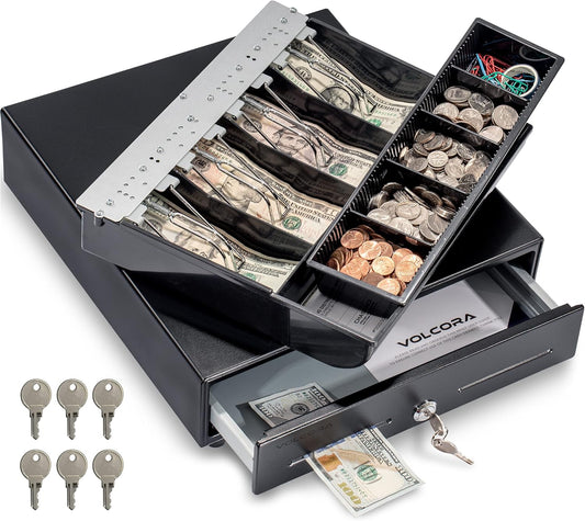 Volcora 13" Cash Register Drawer for Point of Sale (POS) System with Fully Removable 2 Tier Cash Tray, 4 Bill/5 Coin, 24V, RJ11/RJ12 Key-Lock, Double Media Slot, Small Money Drawer, Black