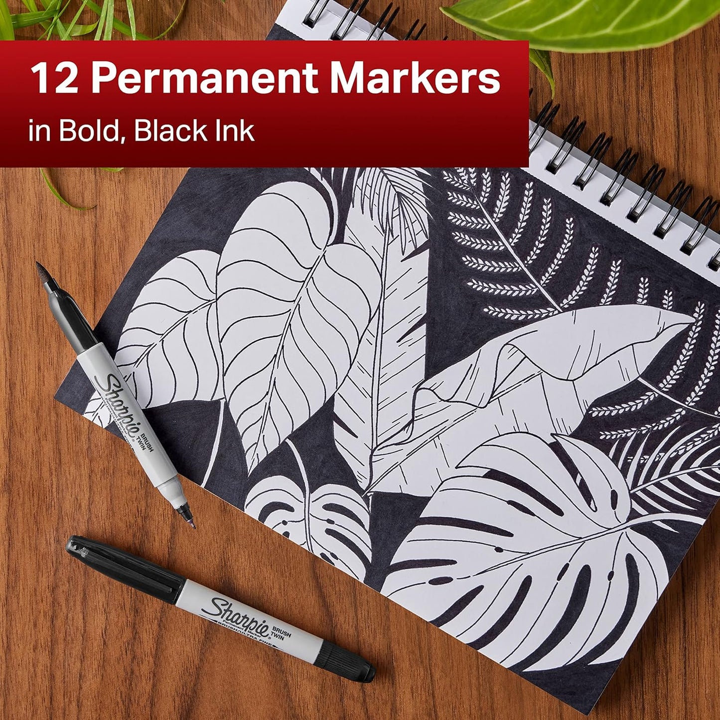 Sharpie Brush Twin Permanent Marker Brush Tip Marker and Ultra Fine Tip Black 12 Count