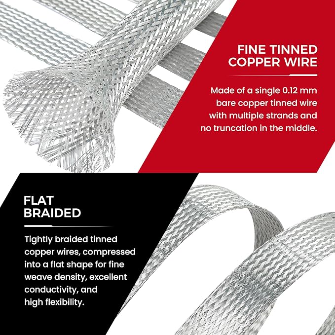 Tinned Copper Braid Wire Shielding Ground Strap Metal Cable Sleeve Expandable - Image 3