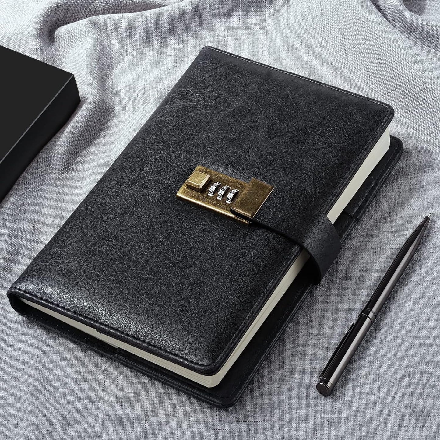 WEMATE Diary with Lock, A5 PU Leather Journal with Lock 240 Pages, Vintage Locks Journal Password Notebook with Pen, Locks Diary Planner Organizer for Men and Women, 8.6x5.8in Black