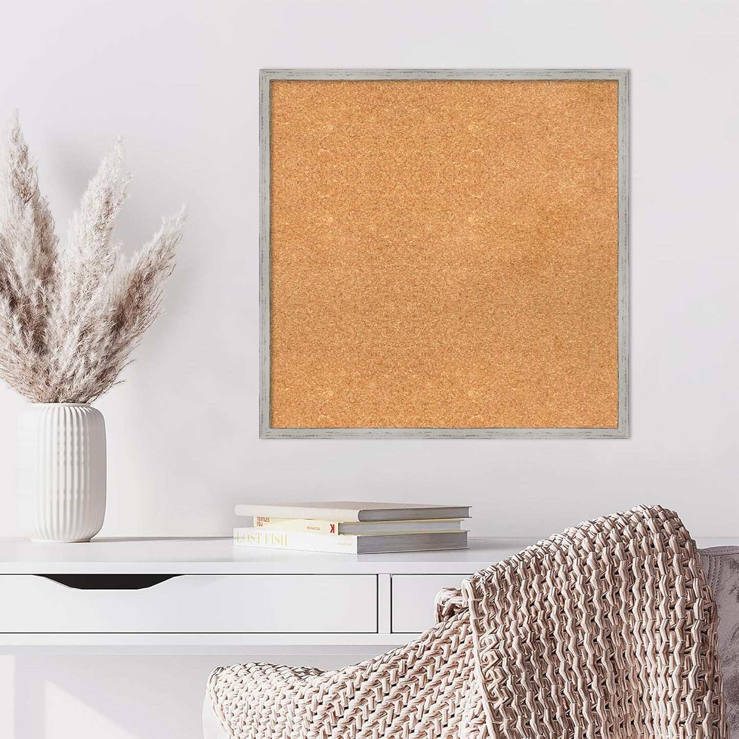 Amanti Art Natural Cork Board for Wall, 25x25 Vision Board with White Frame, Medium Corkboard Office Decor for Home Organization, Cottage Corkboard Pinboard to Display Items for Home Organization in