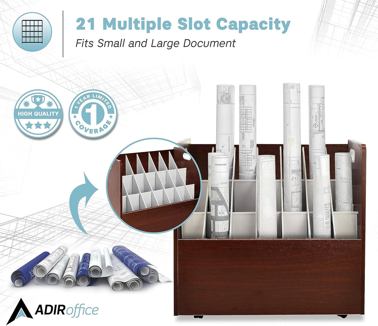 Adir Blue Print Storage Organizer - Mobile Roll File Cart, Construction Plan Holders, Blueprint Cabinet with Wheels, Roll Files Storage for Office and Home (21 Slots, Mahogany)