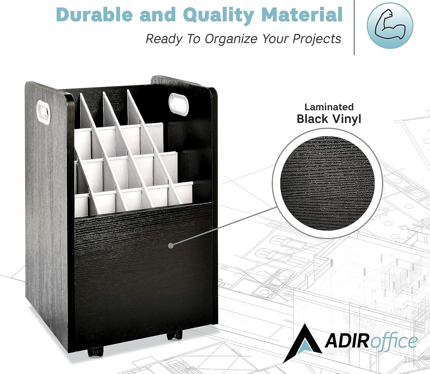 Adir Blue Print Storage Organizer - Mobile Roll File Cart, Construction Plan Holders, Blueprint Cabinet with Wheels, Roll Files Storage for Office and Home (20 Slots, Black)