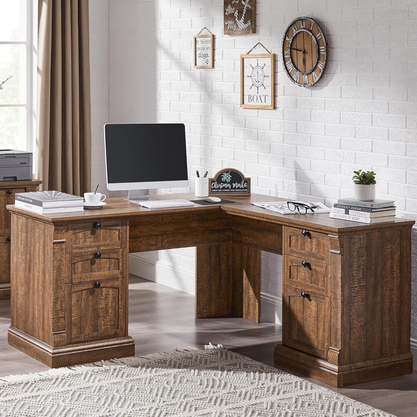 OKD 60" L Shaped Executive Desk with Drawers, Farmhouse Home Office Desk with Charging Station, File Cabinet Storage, Wood Corner Computer Desk for Work and Study, Reclaimed Barnwood