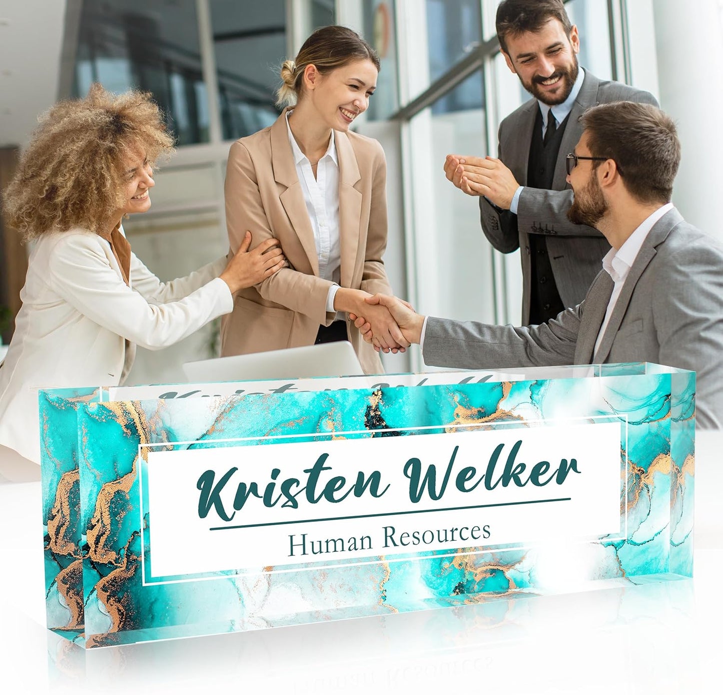 Office Desk Name Plate Personalized, Custom Name Plates for Desks, Name Plate Personalized for Office, Employee Appreciation Gifts (Blue Gold Marble)