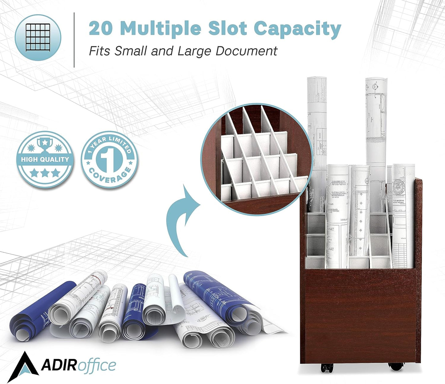 Adir Blue Print Storage Organizer - Mobile Roll File Cart, Construction Plan Holders, Blueprint Cabinet with Wheels, Roll Files Storage for Office and Home (20 Slots, Mahogany)