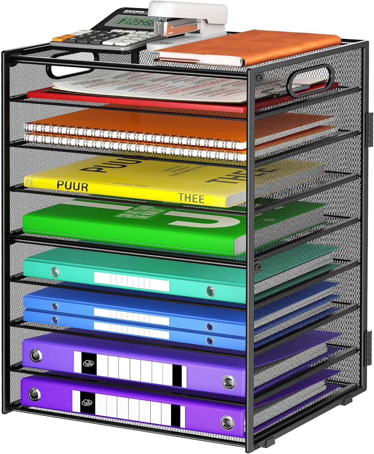 9 Tier Paper Organizer with Handle, Large Capacity Desk Organizer Mesh File Folder Letter Paper Tray Desktop Document Sorter for Classroom, School, and Office Accessories Organization- Black