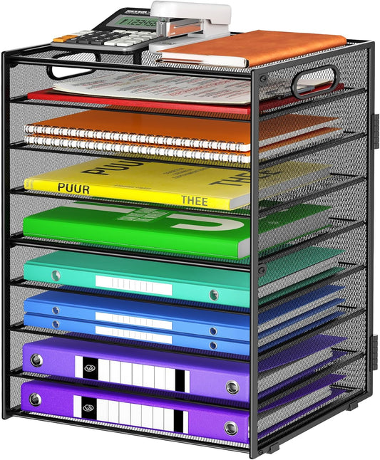 9 Tier Paper Organizer with Handle, Large Capacity Desk Organizer Mesh File Folder Letter Paper Tray Desktop Document Sorter for Classroom, School, and Office Accessories Organization- Black