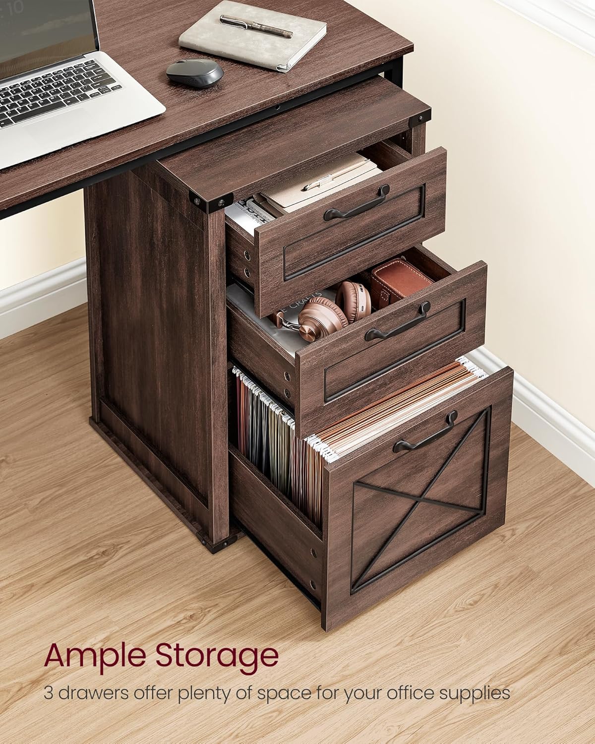 VASAGLE File Cabinet, Filing Cabinet with 3 Drawers, Printer Stand, Fit A4, Letter Size, Hanging File Folders, Modern Farmhouse Style, for Home Office, Maroon Brown UOFC054K02