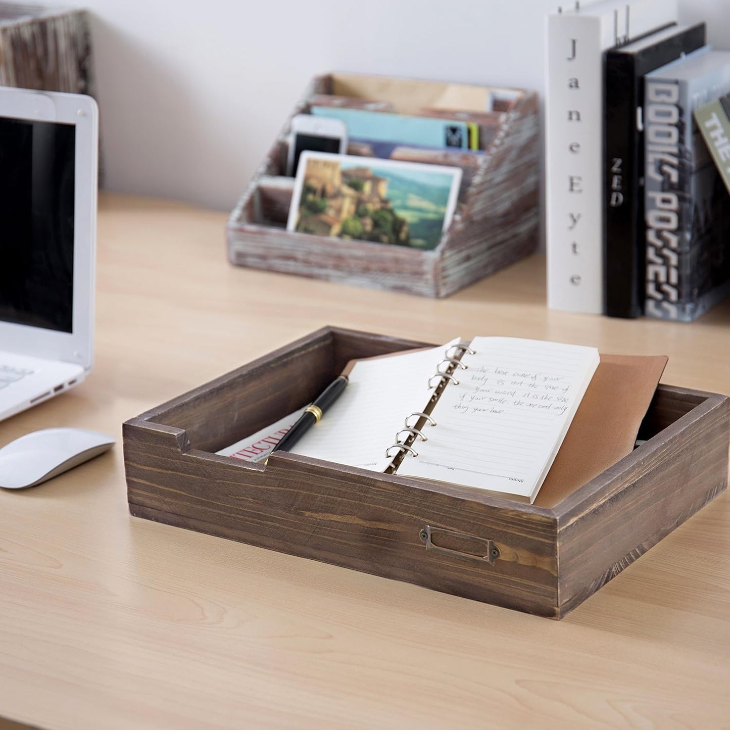 MyGift® Distressed Brown Vintage Wood Paper Tray, Office Desktop Document, File Folder, Magazine Holder Tray