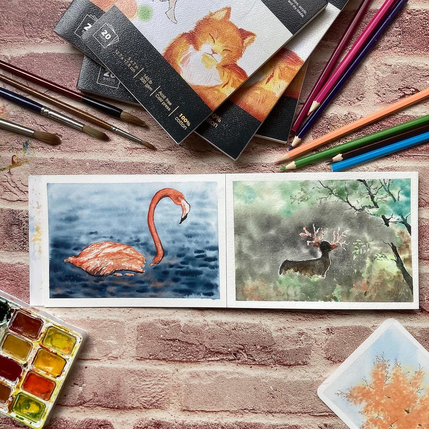 tumuarta Watercolor Paper Pad 100% Cotton, 5X7”, 140 LB, 300 GSM, 20 Sheets, Natural White, Acid Free, Cold Press, Watercolor Mixed Media Sketch Books for Watercolors, Acrylic and More.