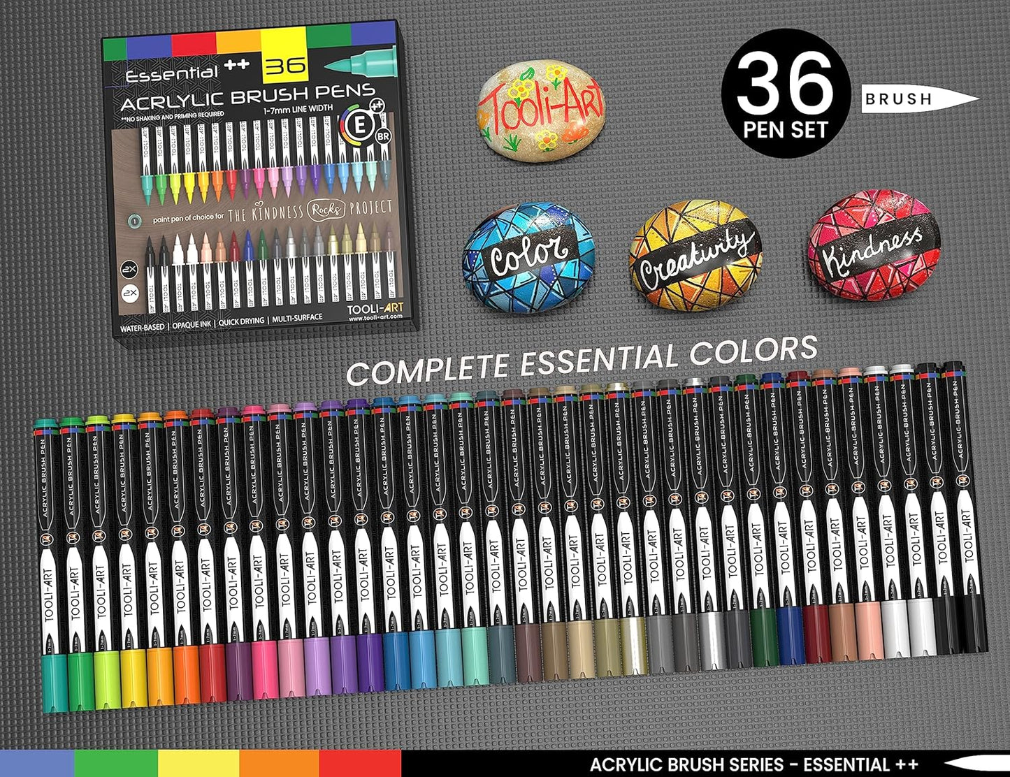 36 Flexible Brush Tip Acrylic Paint Pens Markers Set 1-7mm Line for Rock Painting, Brush Lettering, Scrapbooking, Glass, Mugs, Wood, Metal, Canvas, Fabric, Plastic. Non Toxic Waterbased Quick Drying