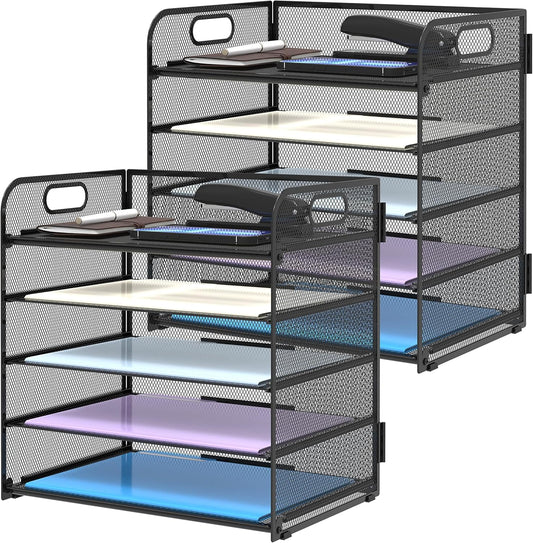 2 Pack 5-Tier Desk Organizer with Handle Mesh Desk File/Paper Organizer Letter Tray for Office, School and Home Easy Installation, Black