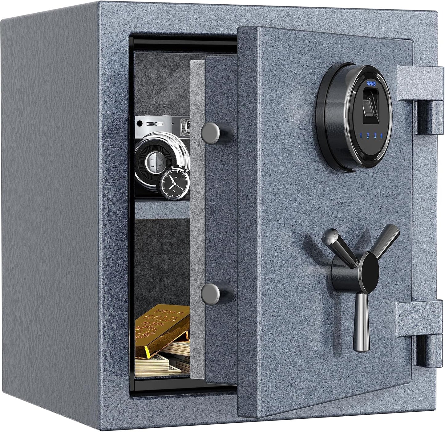 RPNB Deluxe Biometric Safe Box,Digital Fingerprint Fireproof Waterproof Safe with Touch Screen,Removable Shelf and 3 Spoke Handle,Home Safes for Cash Documents Jewelry,0.84 Cubic Feet,Gray